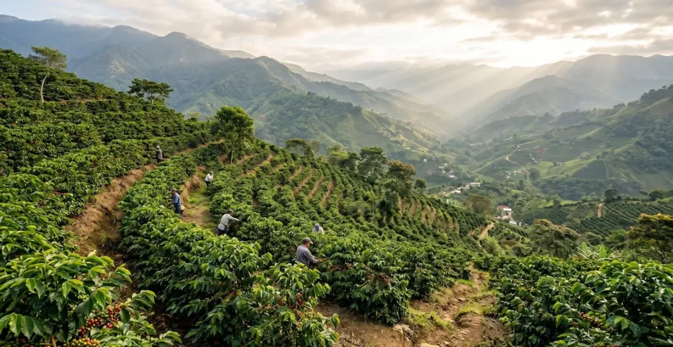 Rangées de caféiers cultivés en terrasses sur une pente montagneuse escarpée sous une lumière matinale douce