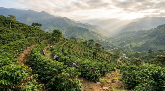 Rangées de caféiers cultivés en terrasses sur une pente montagneuse escarpée sous une lumière matinale douce