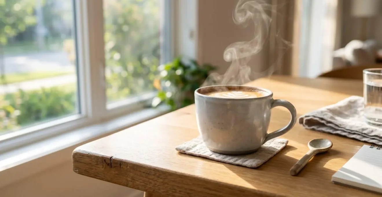 Tasse de café fumante posée sur une table en bois contemporaine près d'une fenêtre lumineuse avec lumière naturelle douce