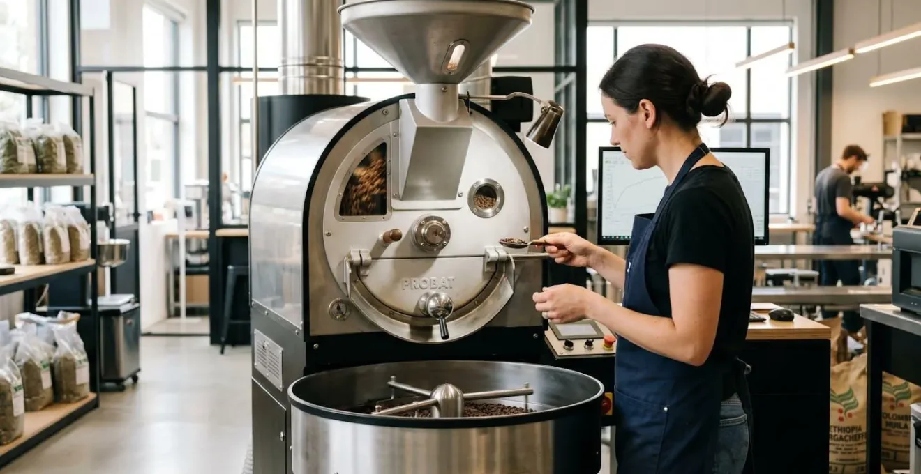 Artisan torréfacteur vu de dos surveillant le tambour de torréfaction dans un atelier contemporain lumineux