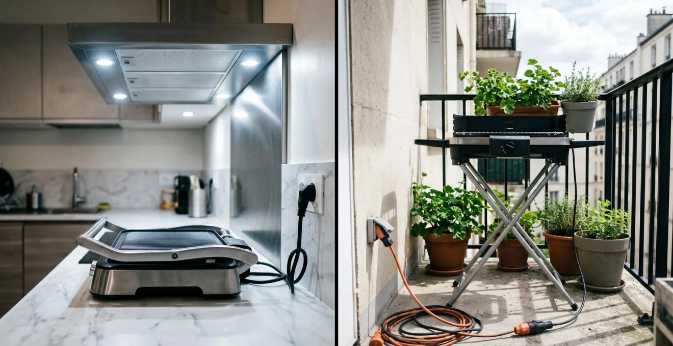 Diptyque photographique montrant un barbecue électrique compact dans une cuisine moderne avec hotte (gauche) et un barbecue sur pied sur un balcon urbain avec rallonge étanche (droite)