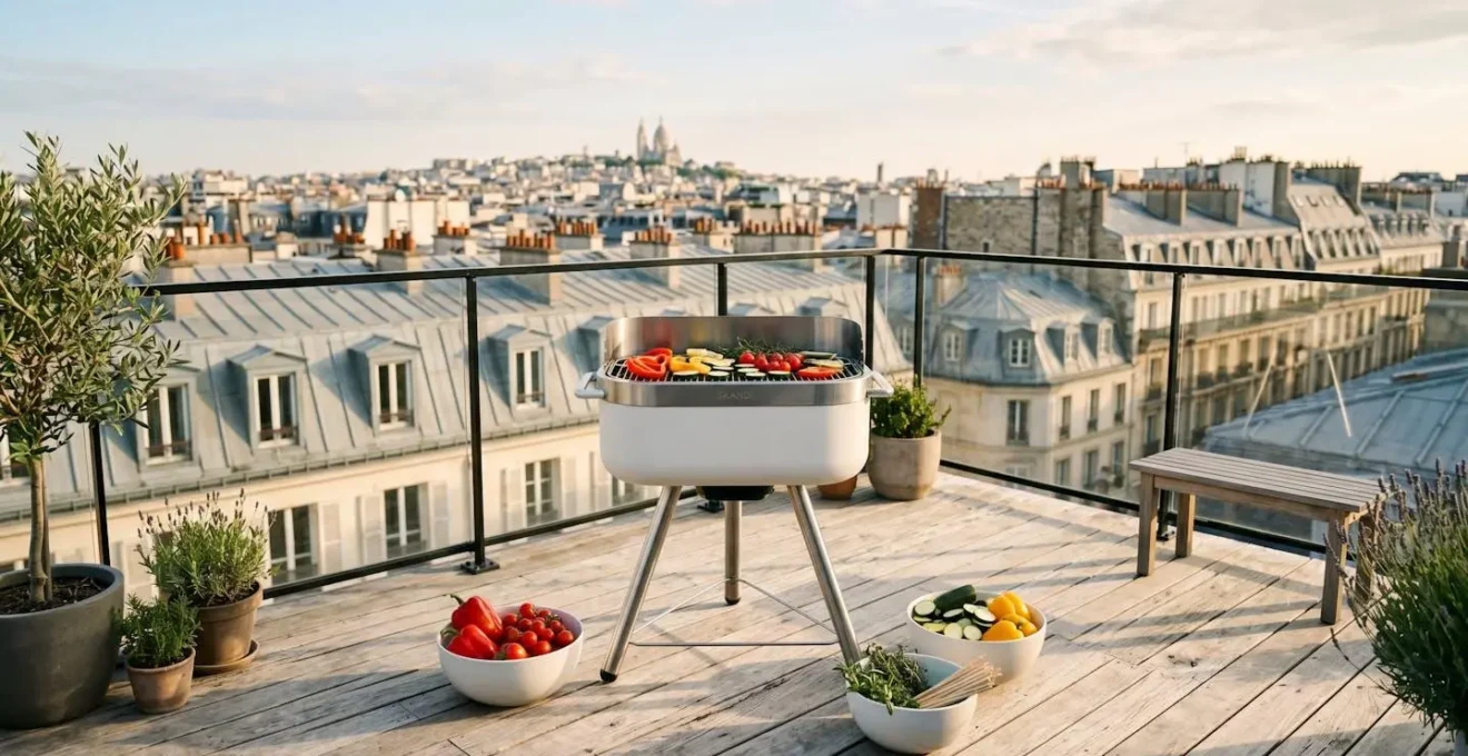Barbecue électrique compact sur pied placé sur une terrasse urbaine en bois clair, entouré de légumes frais colorés dans des bols blancs, avec toits parisiens en arrière-plan sous un ciel bleu