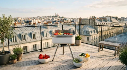 Barbecue électrique compact sur pied placé sur une terrasse urbaine en bois clair, entouré de légumes frais colorés dans des bols blancs, avec toits parisiens en arrière-plan sous un ciel bleu