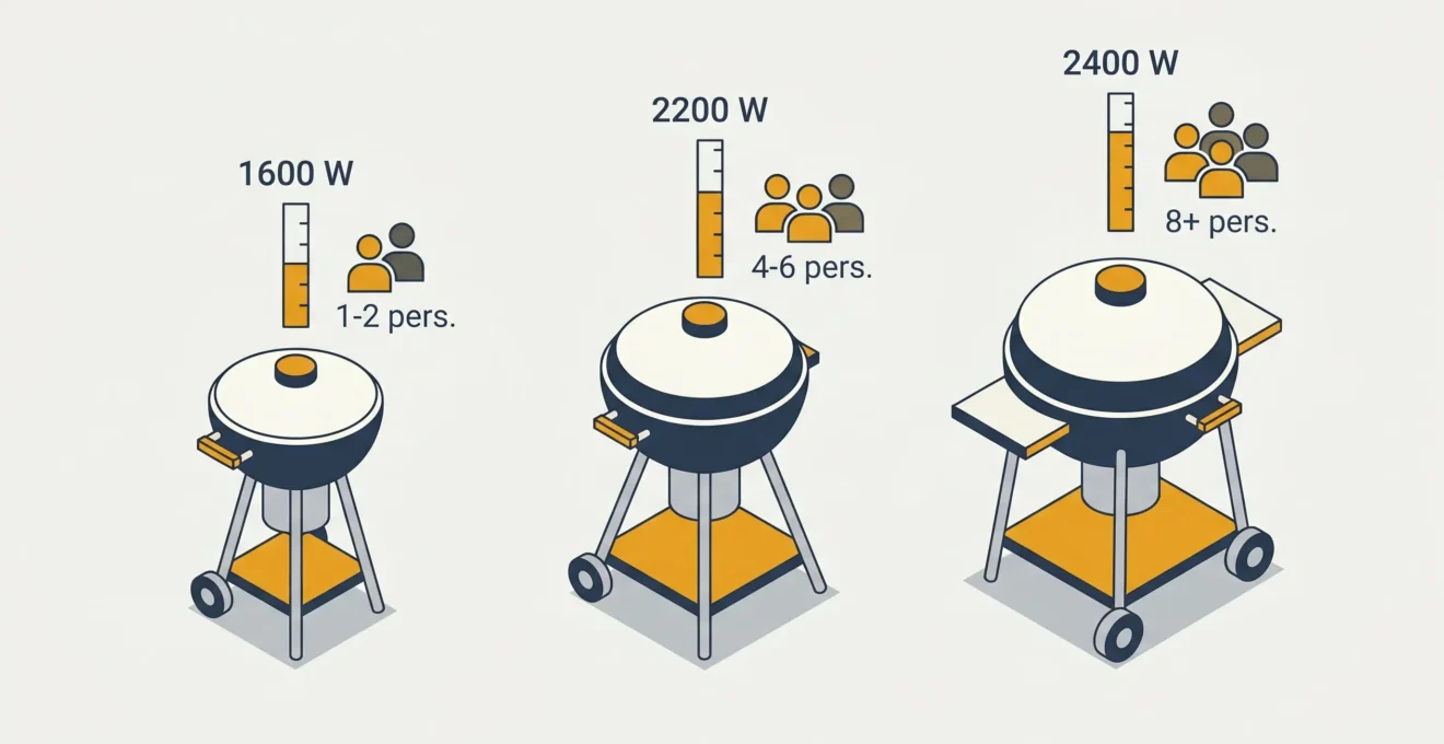 Schéma isométrique illustrant trois barbecues électriques de puissances croissantes (1600W, 2200W, 2400W) avec indication du nombre de convives correspondant via icônes stylisées