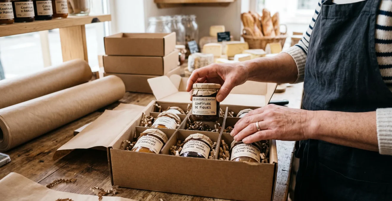 Des mains préparent des bocaux alimentaires dans un carton à calages.